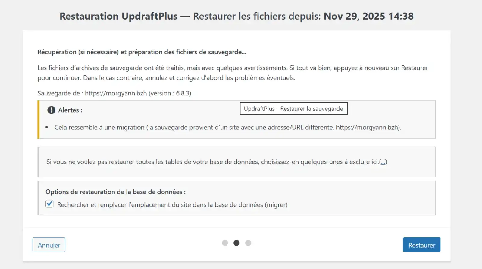 migrer wordpress alertes et options