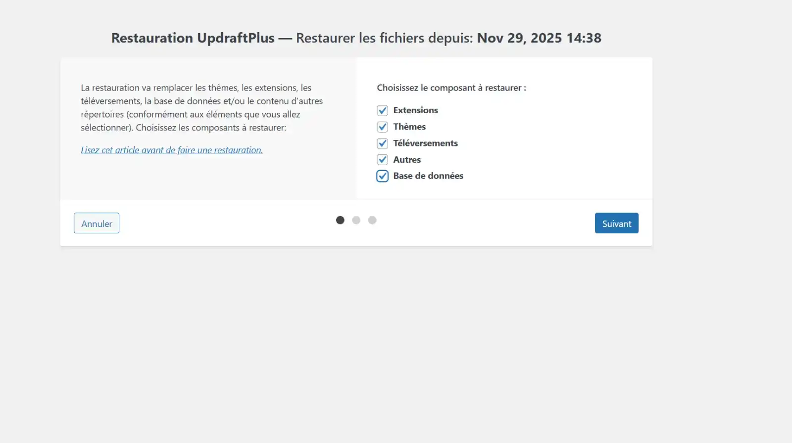migrer wordpress selectionner tous les composants