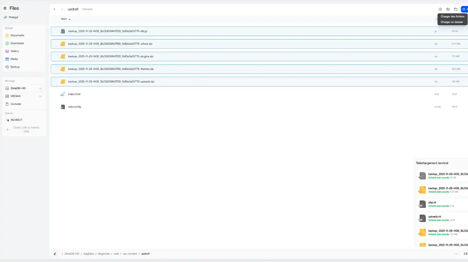 migrer wordpress televerser les dossiers de sauvegarde
